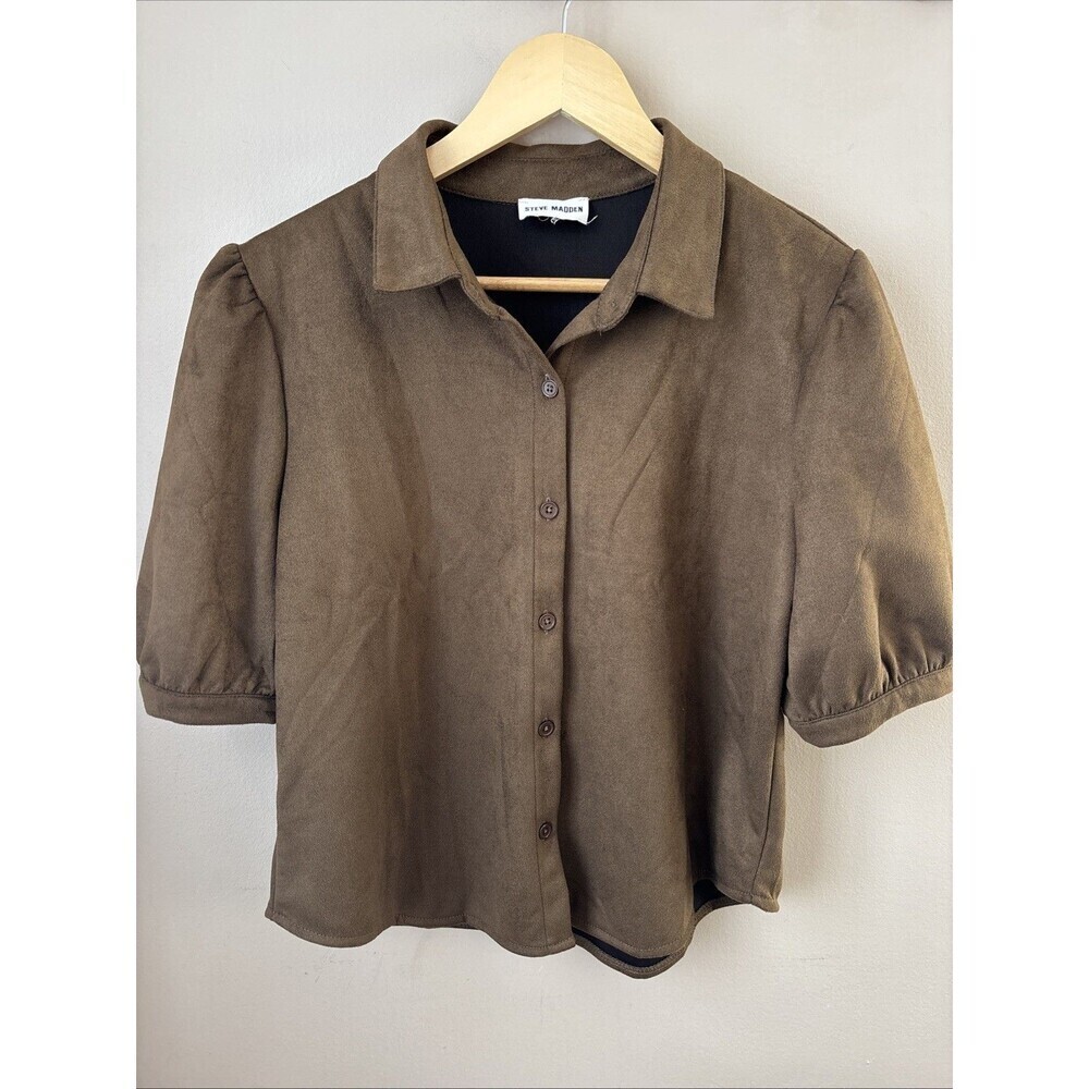Steve Madden Women’s Large Brown Faux Suede Shacket Button Down Short Sleeve